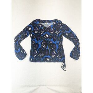 Worthington Womens Blue Blouse Floral Drawstring Long Sleeve V-Neck Top ‎ M